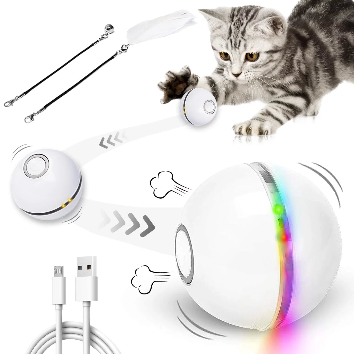 Electric Cat Ball Toys, Interactive Self Auto Rotating Intelligent Cat Ball Toys for Pet Dogs, Cats , Smart Indoor Rolling Cat Toy for Home Bedroom, White