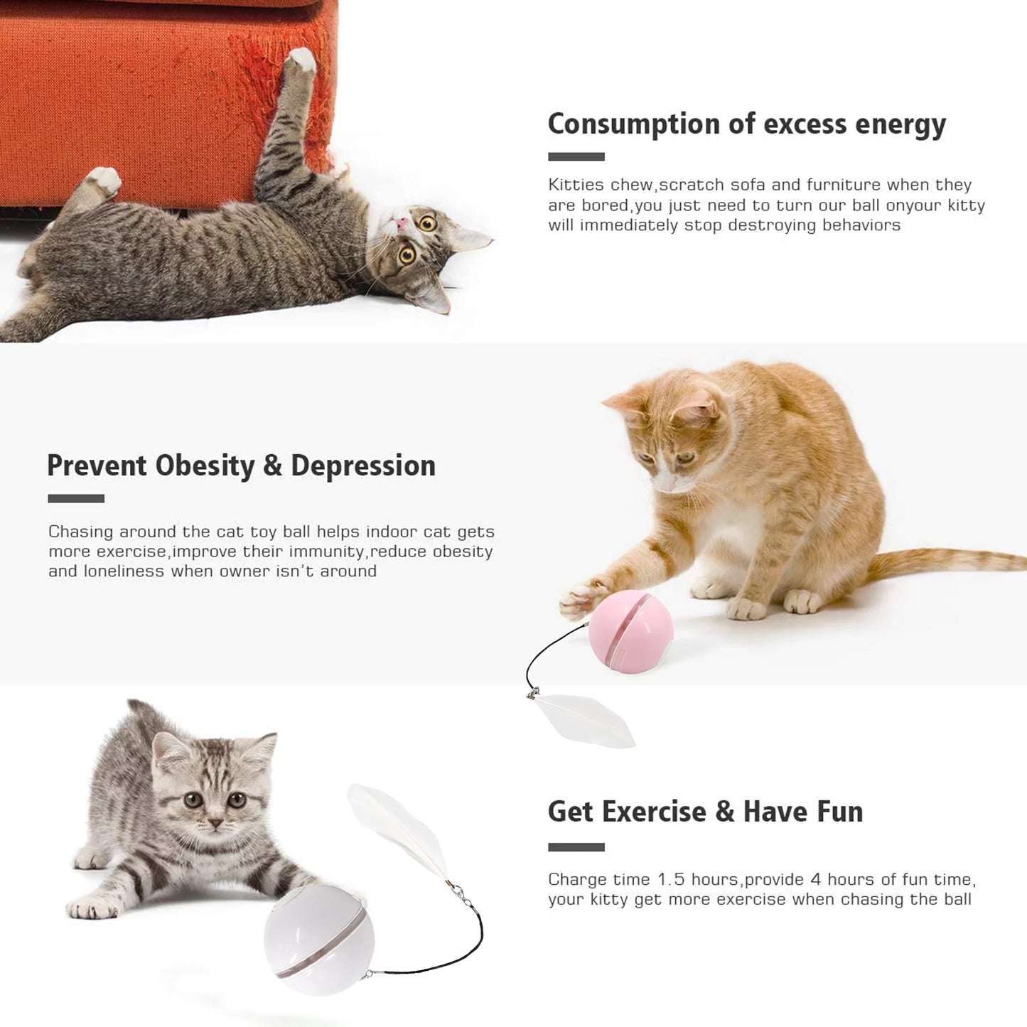 Electric Cat Ball Toys, Interactive Self Auto Rotating Intelligent Cat Ball Toys for Pet Dogs, Cats , Smart Indoor Rolling Cat Toy for Home Bedroom, White