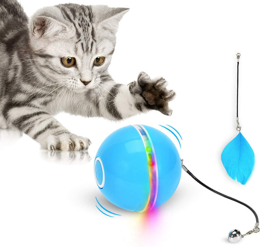 Interactive Cat Toys Ball with LED Light & Catnip, Upgraded Ring Bell Feather Toy, Auto Spinning Smart Cat Ball Toy, USB Rechargeable Stimulate Hunting Instinct Pet Kitty Funny Chaser Roller