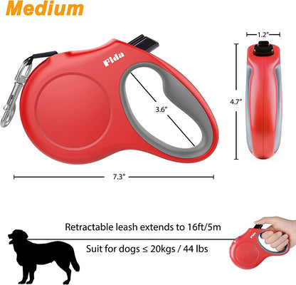 Retractable Dog Leash with Dispenser and Poop Bags, 16 Ft Pet Walking Leash for Medium Dog or Cat up to 44 Lbs, Anti-Slip Handle, Tangle Free, Reflective Nylon Tape (M, Red)